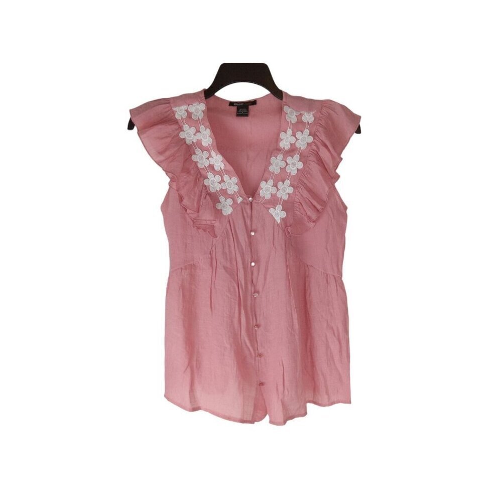 Robert Louis Women's Pink Ruffle Foral Button Down Top size Small